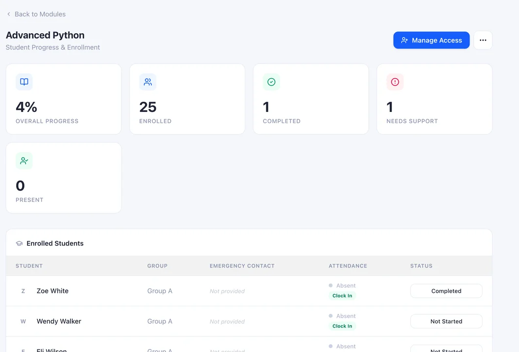 Screenshot: module detail page showing enrolled students with inline status badges