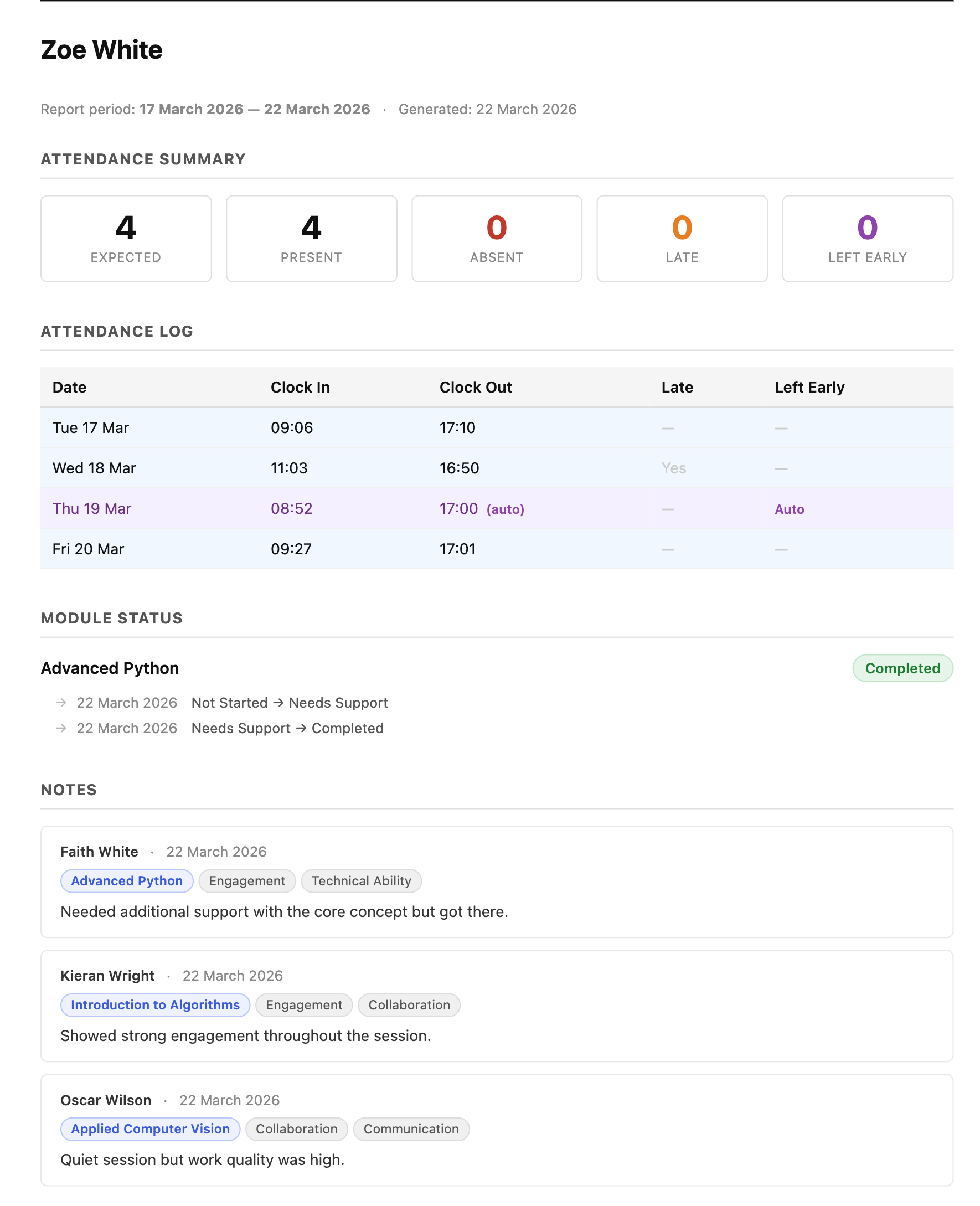 Screenshot: report editor showing pre-populated student feedback with attendance and note data