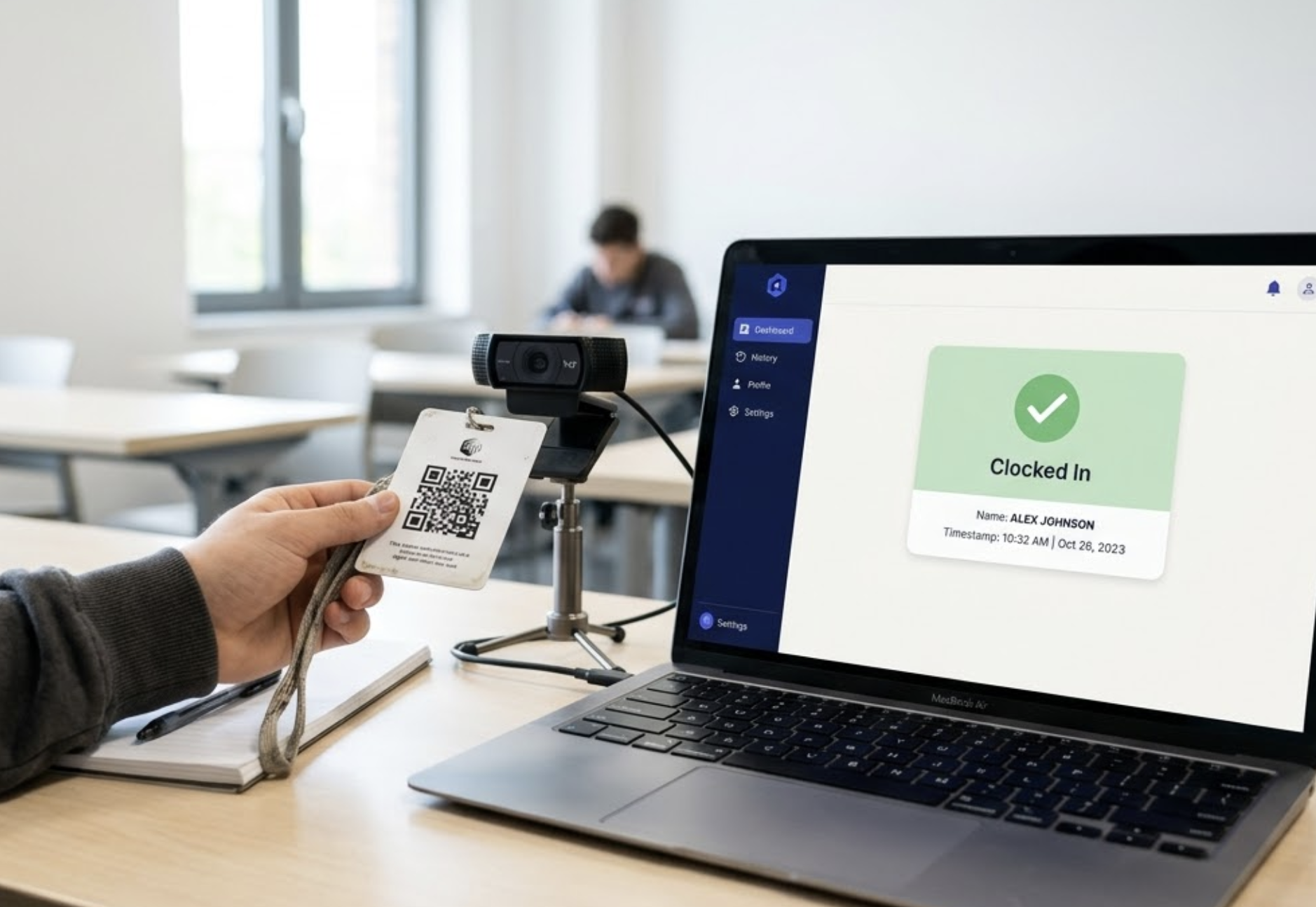 Screenshot: kiosk interface on a tablet — student scanning a QR code to clock in