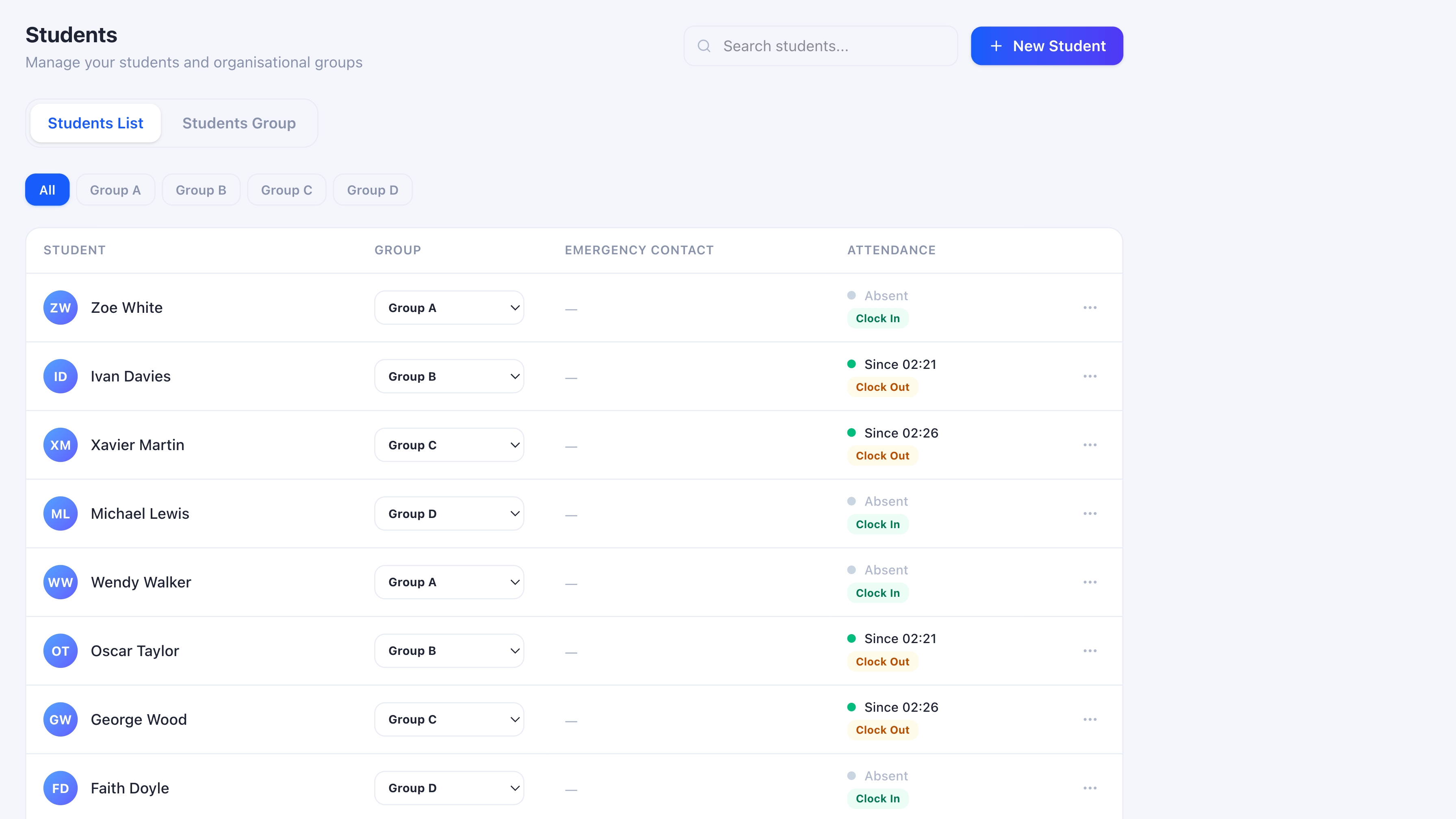 Screenshot: student list view with status indicators, or a student profile showing attendance log and notes